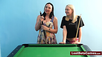 Beautiful Women With Natural Large Breasts Enjoy A Game Of Billiards And Try Out A Sex Toy.