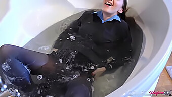 The Beautiful Sophia Smith Uk, A Brunette Adult Film Star, Has A Bath And Gets Her New College Uniform Wet.